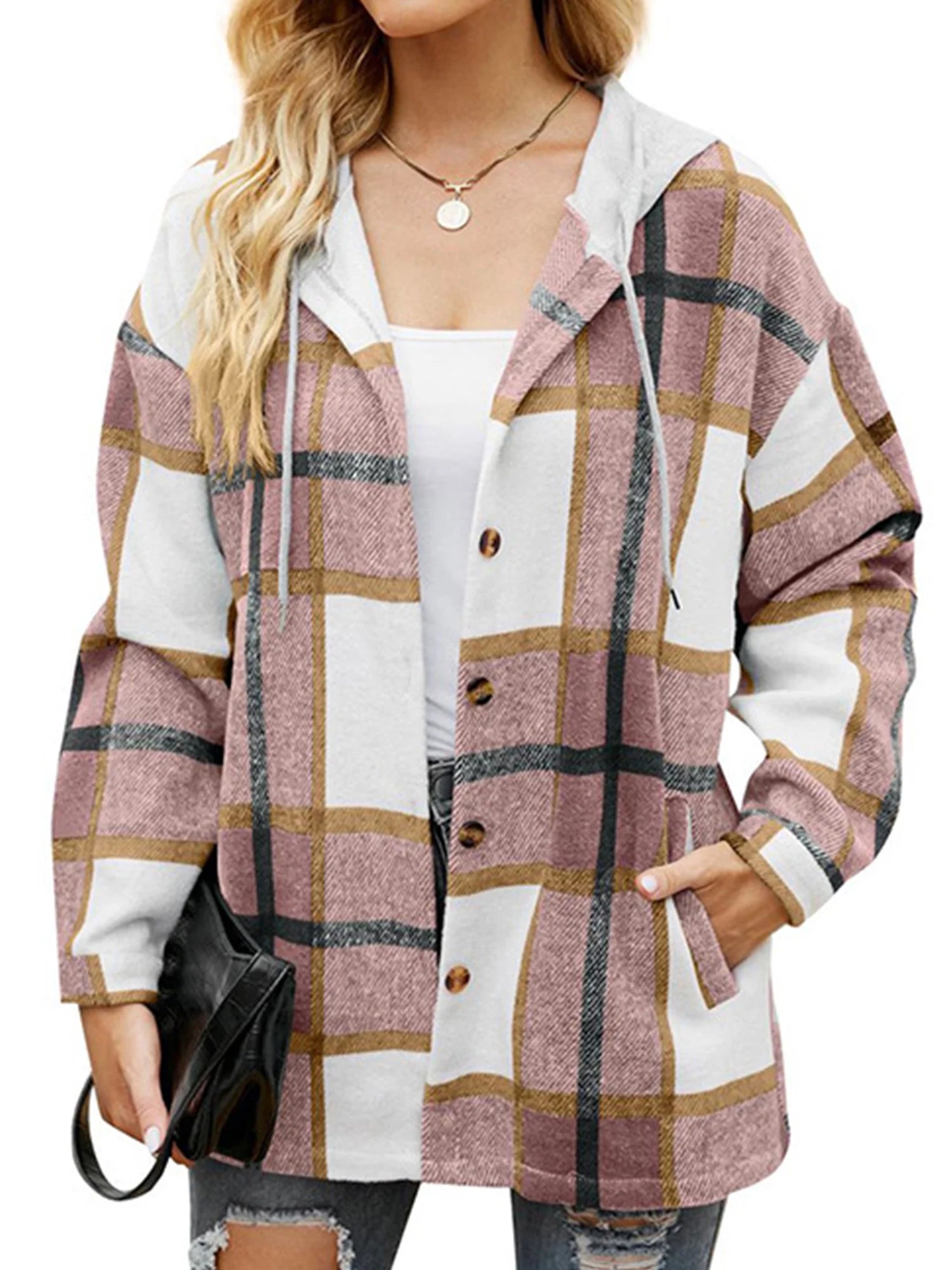 Women's Hooded Plaid Flannel Shirt Jacket with Pockets
