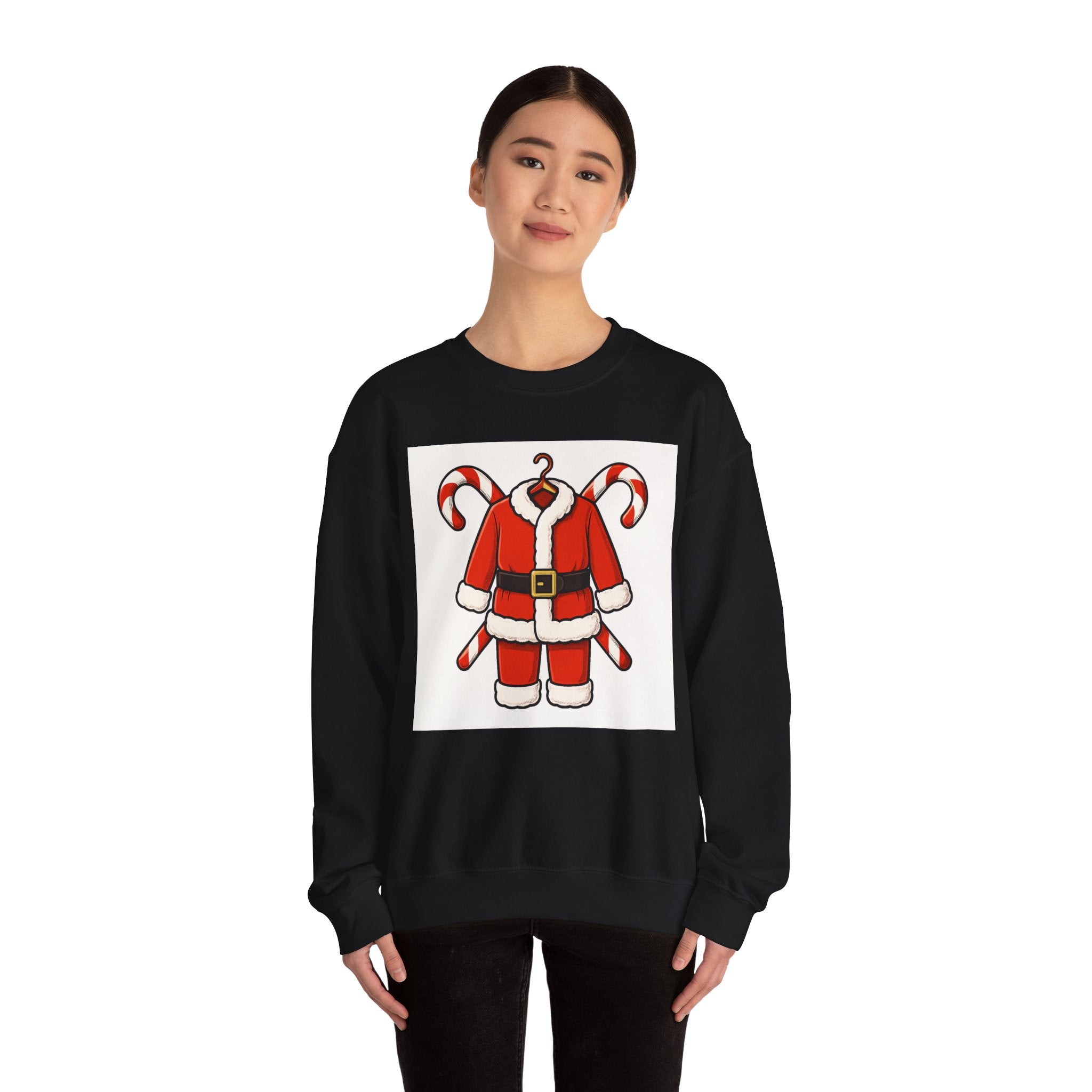 Christmas Sweatshirt — Santa Suit Front & “Santa Is Here For You” Back Holiday Crewneck
