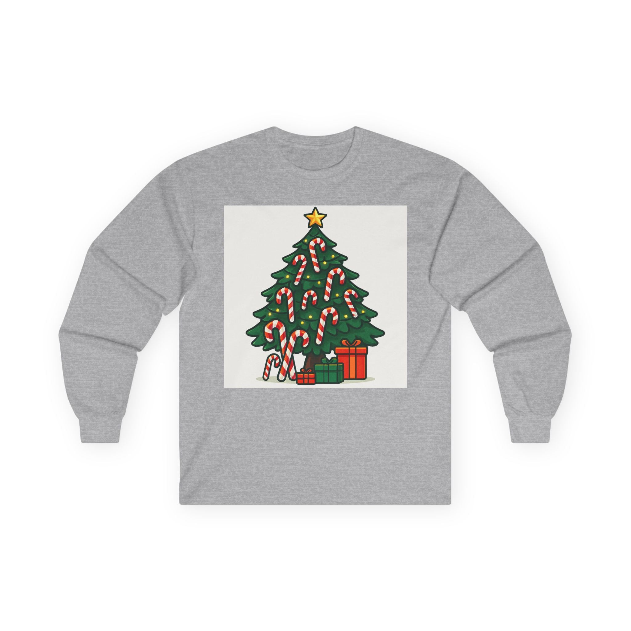 Christmas Tree Candy Cane Long Sleeve Tee — "X-MAS" Back Print