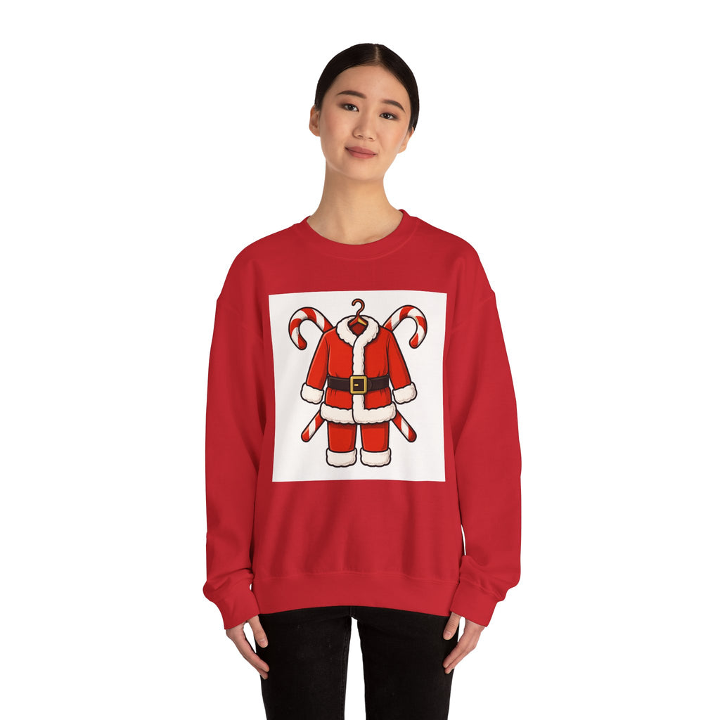 Christmas Sweatshirt — Santa Suit Front & “Santa Is Here For You” Back Holiday Crewneck