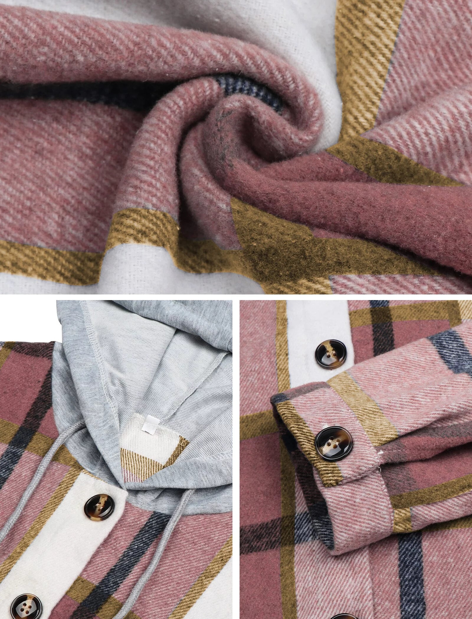 Women's Hooded Plaid Flannel Shirt Jacket with Pockets