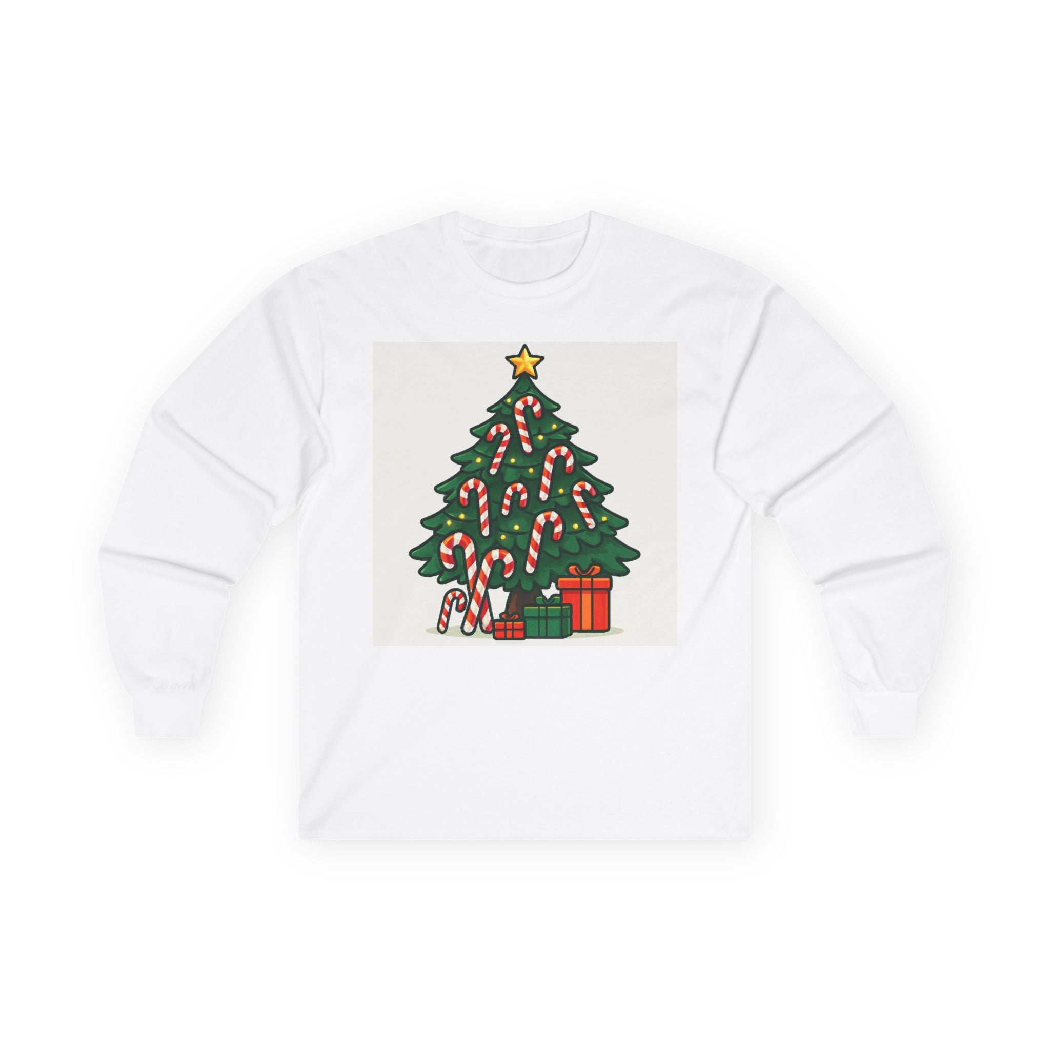 Christmas Tree Candy Cane Long Sleeve Tee — "X-MAS" Back Print