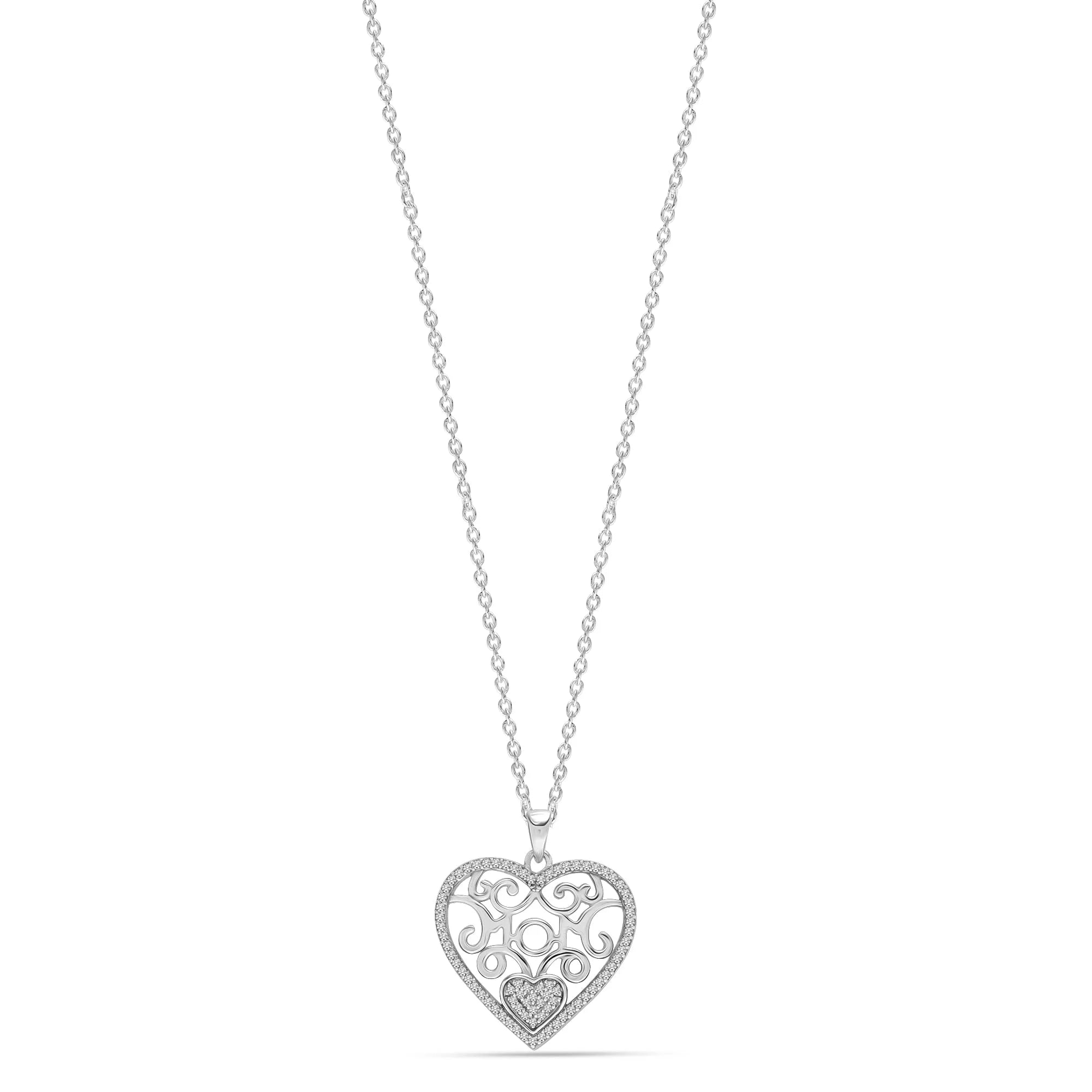925 Sterling Silver Lightweight CZ Filigree Heart Pendant Necklace for Women and Teens, 18-Inch