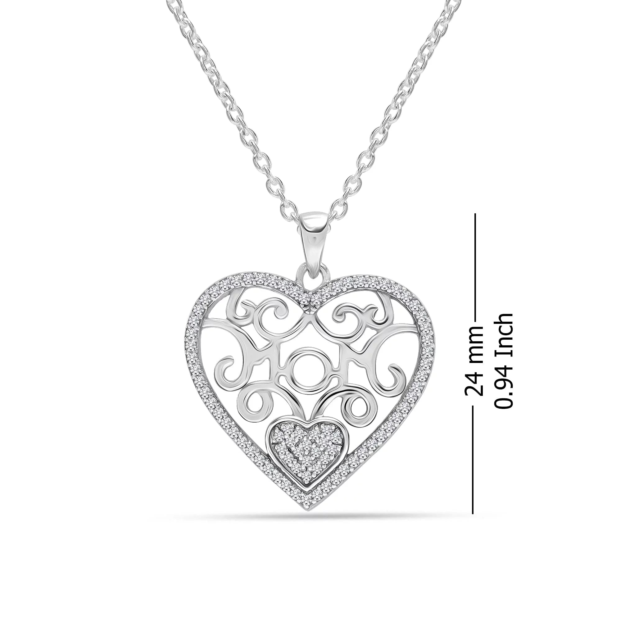 925 Sterling Silver Lightweight CZ Filigree Heart Pendant Necklace for Women and Teens, 18-Inch