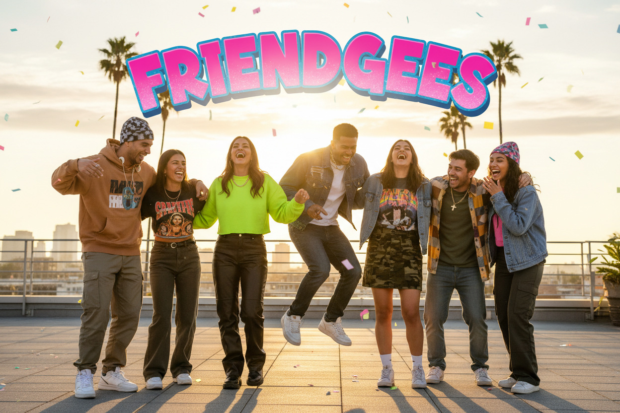 create an image of friends having fun wearing nice clothings with FRIENDGEES written on the image 