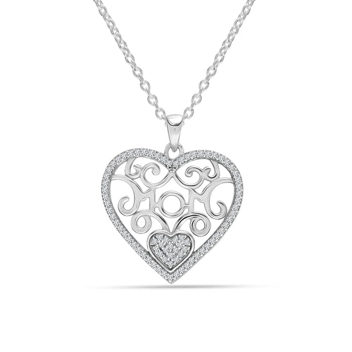 925 Sterling Silver Lightweight CZ Filigree Heart Pendant Necklace for Women and Teens, 18-Inch