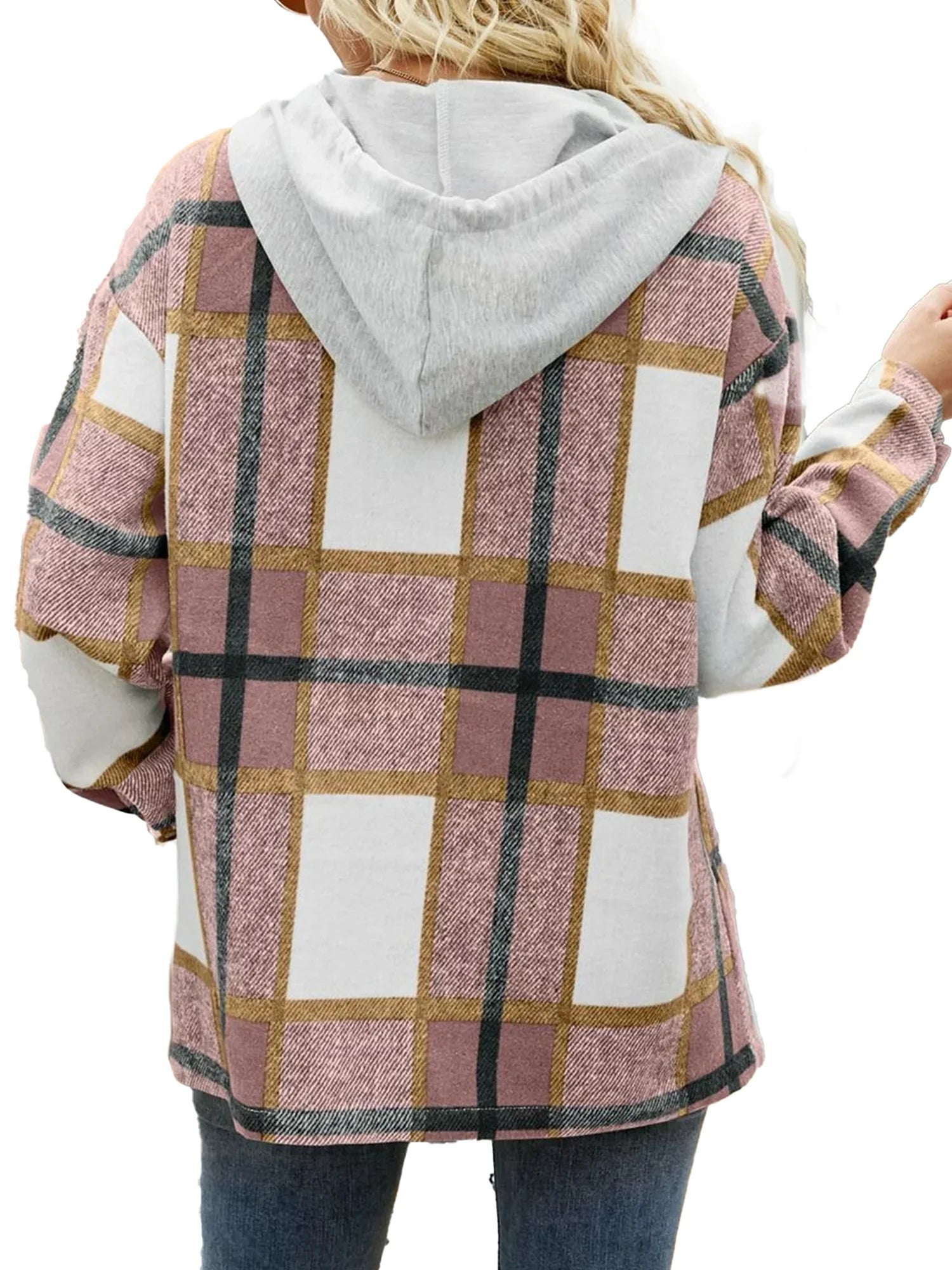 Women's Hooded Plaid Flannel Shirt Jacket with Pockets
